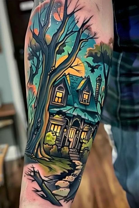 Discover the eerie charm of haunted house tattoos with these spooky design ideas. From traditional to simple, these haunted house tattoo designs are perfect for anyone looking for a touch of mystery in their ink. Whether you prefer a small and subtle tattoo or a bold flash piece, there's a haunted house design to suit every style. Let your creativity soar and bring your own twist to this classic theme with a haunted house tattoo drawing that will send shivers down your spine. American Traditional Haunted House Tattoo, Haunted Forest Tattoo, House Tattoo Ideas, 150 Tattoo, House Tattoos, Haunted House Tattoo, House Tattoo, Spooky Haunted House, Childhood Fears