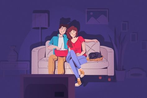 Couple watching tv in the night Free Vec... | Free Vector #Freepik #freevector #home #film #room #couple Couple Watching Movie Illustration, Family Watching Tv Illustration, Couple Watching Tv Drawing, Couples Watching Tv, Watching Tv Reference, Watching Tv Art, Movie Night Illustration, Watching Tv Drawing, Watching Tv Illustration