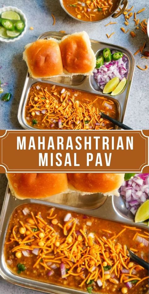 Misal pav with bread in a silver plate Indian Instant Pot, Misal Pav Recipes, Misal Pav, Curry Recipes Vegetarian, Hearty Dinner Recipes, Easy Vegetarian Dinner, Instant Pot Recipe, Easy Indian Recipes, Meat Free Recipes