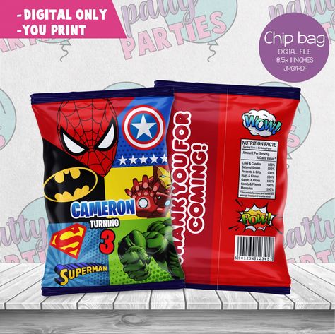 Avengers Chip Bags, Superhero Printables Free, Avengers Cupcakes Toppers, Avengers Cake Topper, Avengers Birthday Party Decorations, Superhero Cake Toppers, Superhero Printables, Superhero Cupcake Toppers, Custom Treats