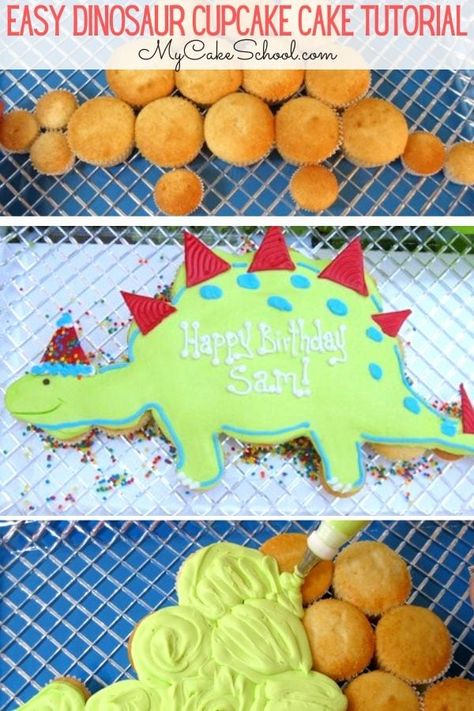 Pull Apart Dinosaur Cake, Dinosaur Cake With Cupcakes, Stegasorus Dinosaur Cake, How To Make Dinosaur Cake, Cupcake Cakes Dinosaur, Easy Dinosaur Birthday Cake, Dinosaur Cake Cupcakes, How To Make A Dinosaur Cake, Easy Dinosaur Cake Ideas