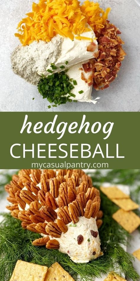 Hedgehog Cheeseball -  this savory bacon cheddar ranch mixture with a festive presentation makes a great centerpiece on any holiday table.  Serve with crackers, veggies, or crostini. Hedgehog Party Food, Hedge Hog Cheese Ball Recipe, Hedgehog Cheese Ball, Hedgehog Cheeseball, Porcupine Cheeseball, Hedgehog Cheeseball Recipe, Powdered Ranch Dressing, Woodland Baby Shower Food, Classic Appetizers