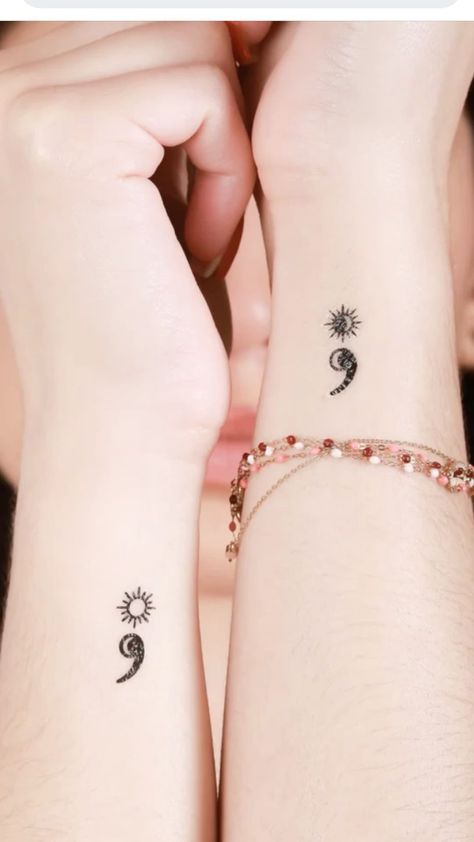 Semi-colon Tattoo Sun And Moon, Colon Tattoo, Matching Bff Tattoos, Small Girly Tattoos, Semicolon Tattoo, Hand And Finger Tattoos, Pretty Hand Tattoos, Sun Tattoos, Tasteful Tattoos