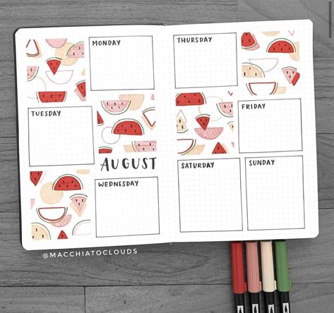 August Bujo Theme Ideas, Watermelon Bullet Journal, Summer Bujo, July Bujo, August Journal, Aesthetic Planners, Bujo Themes, Goals Bullet Journal, Creating A Bullet Journal