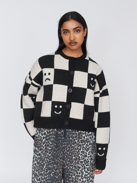 Women's Jumpers & Cardigans I Knitwear For Women | Graphic Knits | Lazy Oaf Checkerboard Cardigan, Emotions Game, Women Graphic, Vintage Jumper, Lazy Oaf, Thanks A Bunch, Dark Denim Jeans, Checkerboard Pattern, Fitted Tee