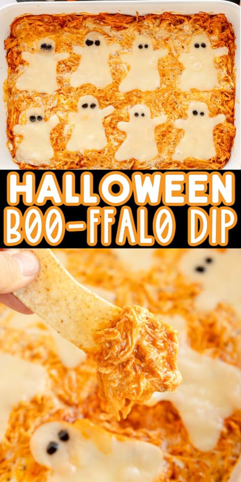 This fun Halloween buffalo chicken dip is the perfect Halloween appetizer! It's easy, delicious, and festive! Buffalo Chicken Dip Halloween Ideas, Halloween Buffalo Dip, Buffalo Chicken Dip Halloween, Halloween Wings Chicken, Halloween Buffalo Chicken Dip, Halloween Party Dip Ideas, Halloween Dips For Parties, Halloween Dips, Kid Holiday Games