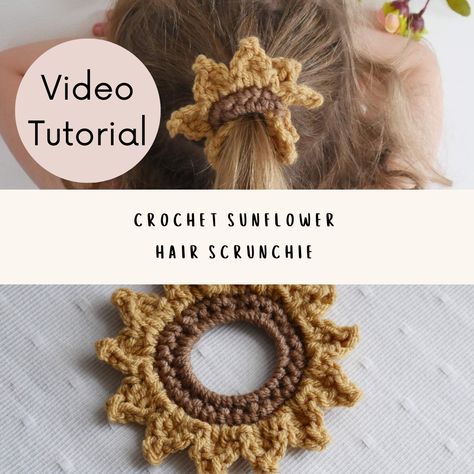 Sunflower Scrunchie Pattern Sunflower Scrunchie Crochet, Crochet Sunflower Hair Tie, Sunflower Scrunchie, Scrunchie Pattern, Flower Scrunchie, Cute Sunflower, Babies Stuff, Crochet Idea, Crochet Kids