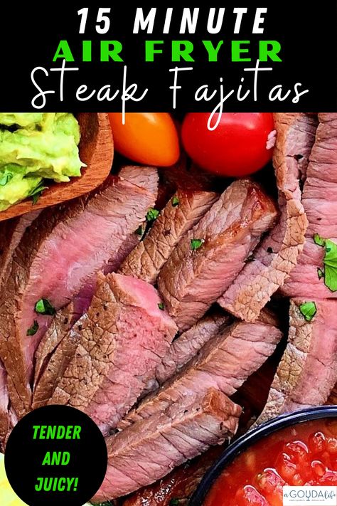 Quick and easy weeknight meal in just 15 minutes! Tender, juicy marinated steak strips, peppers and onions. Everything cooks in the air fryer making cleanup a snap! Serve with tortillas, guacamole, salsa - all your favorites! #fajitas #steakfajitas #airfryerrecipe #airfryersteakfajitas #airfryerfajitas #airfryermeal #airfryerweeknightmeal #beststeakfajitas #agoudalife Air Fryer Steak Fajitas, Braised Beef Ragu, Baked White Fish, Flank Steak Fajitas, Easy Steak Fajitas, Ground Beef Casseroles, Steak Strips, Airfryer Recept, Steak Fajita Recipe