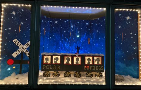 Polar Express Window North Pole Window Painting, Polar Express Window Painting, Polar Express Window Display, Polar Express Theme, Binder Ideas, Christmas Door Decorating Contest, Polar Express Train, Door Decorating Contest, Christmas Window Display