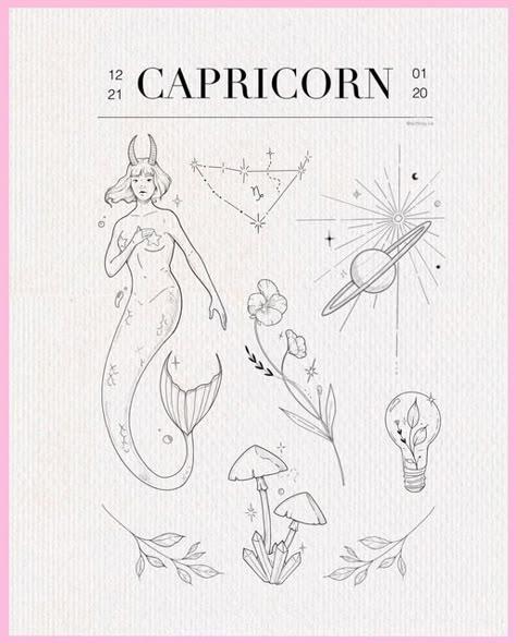 Tattoo Designs For Capricorns, Capricorn Planet Tattoo, Tattoo Ideas Capricorn Design, Saturn Tattoo Capricorn, Capricorn Flash Tattoo, Tattoo For Capricorn, Minimal Capricorn Tattoo, Feminine Capricorn Tattoo, January Capricorn Tattoo