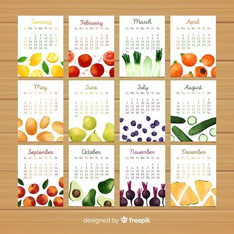 Calendar of seasonal vegetables and frui... | Premium Vector #Freepik #vector #fruits-vegetables #nutrition #monthly-calendar #vegetables-food Seasonal Calendar Design, Fruit Calendar, Mom Calendar, Food Calendar, Calendar Design Inspiration, Wall Calender, Meal Calendar, Calendar Themes, Watercolor Calendar