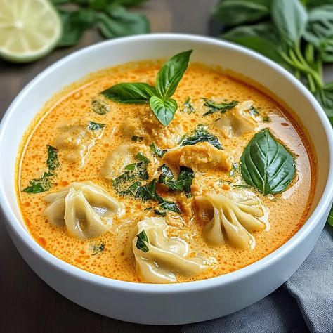 Easy Thai Red Curry Dumpling Soup Recipe Easy Thai Red Curry Dumpling Soup, Japanese Curry Soup, Curry Dumpling Soup, Thai Wonton Soup, Thai Red Curry Dumpling Soup, Pork Dumpling Soup, Red Curry Dumpling Soup, Easy Dumpling Soup, Asian Dumpling Soup