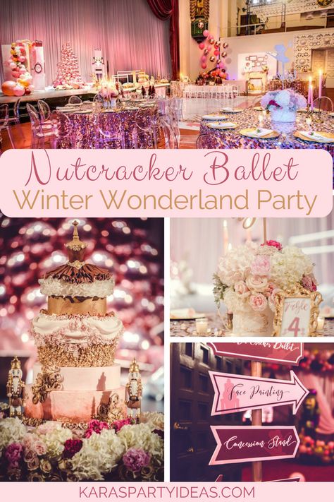 Nutcracker Ballet Winter Wonderland Party via KarasPartyIdeas - KarasPartyIdeas.com Nutcracker Ballet Party Ideas, Nutcracker Quinceanera Theme, Nutcracker Wedding Theme, Nutcracker Themed Christmas Party, Nutcracker Tea Party Ideas, Nutcracker Wedding, Nutcracker Ballet Christmas Decorations, Nutcracker Ballet Centerpieces, Nutcracker Tea Party