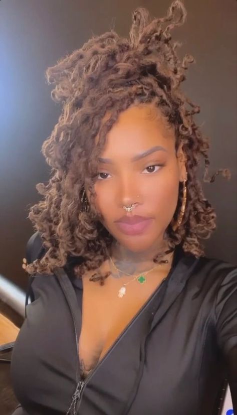 White Locs On Black Women, High Pony Loc Styles, Ways To Style Dreads Black Women, Dark Auburn Locs Black Women, Classy Locs Styles, Half Up Half Down Hair Black Women Locs, Formal Hairstyles For Locs, Loc Crystals, Big Curly Hair Aesthetic