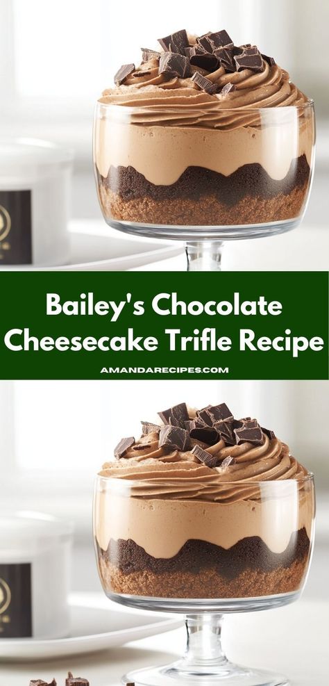 Looking for a delightful dessert idea? This Bailey's Chocolate Cheesecake Trifle is both rich and creamy, making it a fantastic choice for celebrations. Enjoy the ease of preparation while treating your loved ones to something special. Chocolate Cheesecake Trifle, Assorted Cheesecake, Baileys Chocolate Cheesecake, Baileys Irish Cream Cake, Dessert Ideas Simple, Unique Recipes Desserts, Baileys Cheesecake, Rich Cheesecake, Cheesecake Trifle