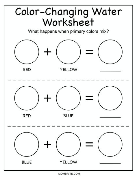 Simple Color-Changing Water Science Experiment | Mombrite Primary Colors Worksheet, Color Mixing Worksheet, Water Worksheet, Shape Activities Kindergarten, Water Lessons, Water Science Experiments, Homeschool Science Experiments, Color Worksheet, Color Worksheets For Preschool