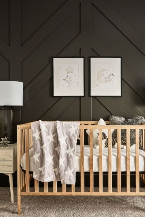 dark gender neutral nursery Dark Gender Neutral Nursery, Dark Nursery Ideas, Dark Feature Wall, Gender Neutral Nursery Themes, Neutral Nursery Themes, Taupe Nursery, Gender Neutral Nursery Ideas, Neutral Nursery Ideas, Dark Nursery