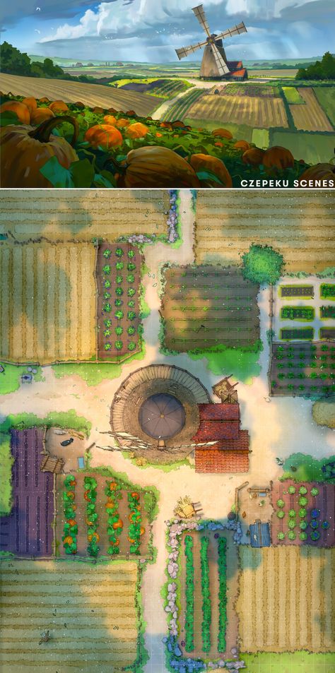 It's literally been 4 years to the day since we released our Windmill Farm Battlemap and today we've released our scene! Time to spend a summer helping out on the farm I reckon! 🧑‍🌾 Farm Battlemap Dnd, Farm Fantasy Art, Dnd Farm Map, Farm Battlemap, Fantasy Windmill, Cinematic Scene, Fantasy Farm, Village Festival, Shadow Creatures