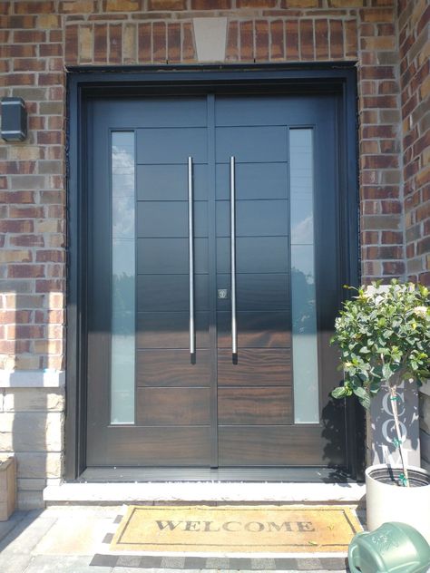 Double Front Entry Door Modern Design Stainless Steel Pull Bar - Modern Doors Home Front Double Door Design, Double Entry Doors Modern, Steel Front Door Design, Modern Double Entry Doors, Two Door Entrance Front Entry, Double Front Doors Modern, Front Double Doors Entryway, Modern Front Double Door, Steel Door Design Front Entry