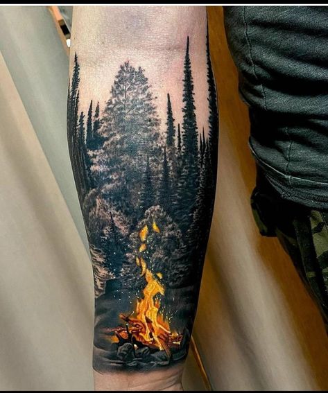 Men’s Forest Tattoos, Woods And Water Tattoo, Men’s Tatoos Designs, Outdoor Leg Tattoo, Backhand Tattoos Men, Country Tattoos For Men Cowboys, Men’s Sleeve Ideas, Outdoor Themed Tattoos, Mountainscape Tattoo