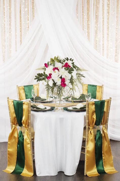 Extravagant Tropical Wedding Decorations– CV Linens Corporate Gala, 120 Round Tablecloth, Tropical Wedding Decor, Tie Ideas, Emerald Green And Gold, Glamorous Decor, Chair Bands, Gold Chair, Chair Sash