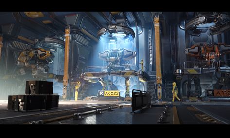 Sci Fi Market Concept Art, Sci Fi Garage, Scifi Factory, Sci Fi Factory, Sci Fi Hangar, Futuristic Factory, Sci Fi Environment Concept Art, Sci Fi Floor, Robot Factory