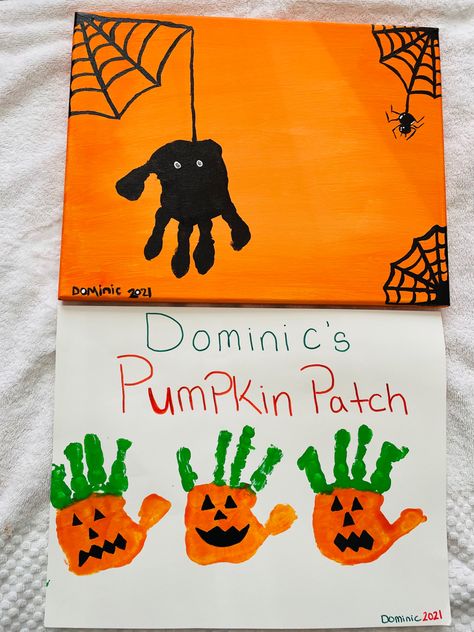 October Themes For Infants, Halloween Toddler Paint Crafts, Pumpkin Hand Print Crafts For Kids, Pumpkin Art Infants, Jack O Lantern Handprint, Halloween Crafts Preschool Handprint, Cute Halloween Handprint Crafts, Cute Halloween Crafts For Toddlers, October Art Toddlers