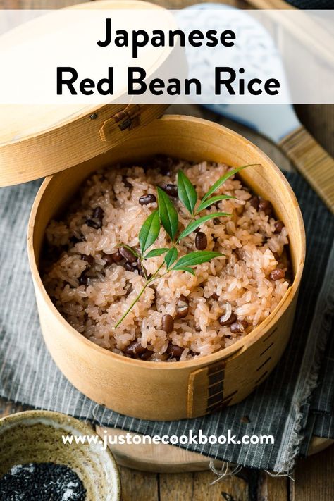 Sekihan or Red Bean Rice is a traditional rice dish served on happy occasions in Japan. Glutinous rice is cooked with azuki beans till chewy and tender and topped with a sprinkle of salt and black sesame seeds. #japanesefood #japaneseculture #rice #vegan #asianfood | More Japanese Recipes, Travel & Culture on JustOneCookbook.com Red Bean Soup Japanese, Asian Rice And Beans, Japanese Sweet Rice Recipes, Red Bean Recipe, Red Bean Recipes, Adzuki Bean Recipes, Azuki Bean Recipes, Traditional Japanese Recipes, Adzuki Bean Recipe