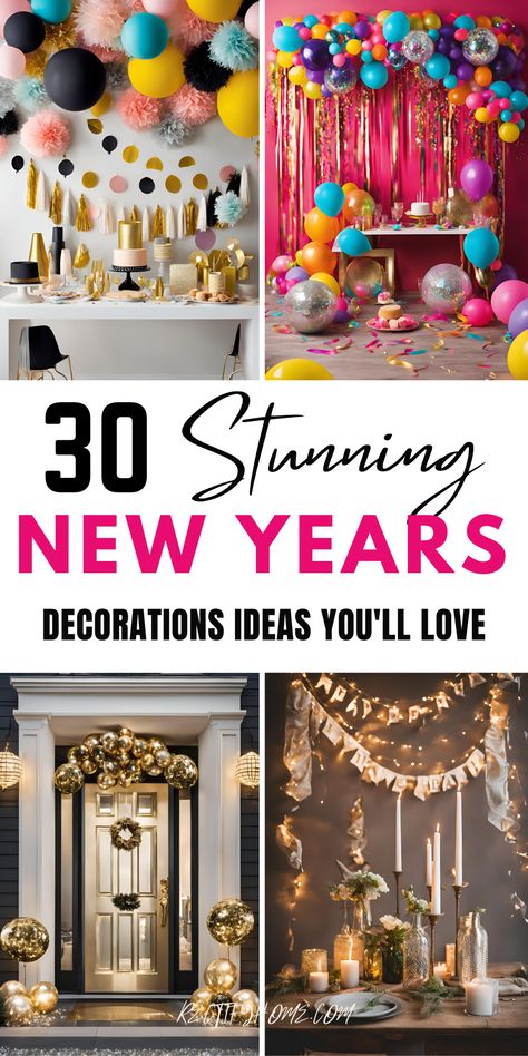 Simple DIY New Year’s decorations including glittery garlands, easy centerpieces, and budget-friendly party decor ideas for a festive celebration. Colorful New Years Eve Party Decorations, Colorful Nye Decorations, Decorations For The New Year, Happy New Year Diy Decoration, Simple Nye Decorations, Easy Nye Decorations, Nye Backdrop Diy, Balloon Decorating Ideas, Easy Ballons Decorations