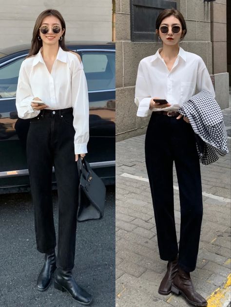 Polo Outfit Women's Korean, Polo Outfit Women's, White Polo Outfit, Korean Street Fashion Women, Business Casuals, Classic Fashion Looks, Polo Shirt Outfits, Polo Outfit, Formal Wear Women