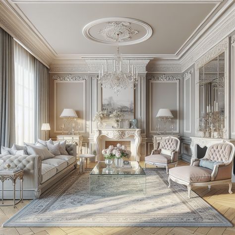 Include traditional elements such as ornate, opulent and heavily carved furniture, but with a modern twist. Consider adding elements like a stylish chaise longue, a glass coffee table, and a classic French fireplace with an ornate mirror above it. Walls should have mouldings, and a patterned rug should be present on the wooden floor. The room should be lit with a combination of natural light from large windows and a crystal chandelier. Classic House Design Interior Living Rooms, Modern Victorian Family Room, Classic House Design Interior, Old Money Living Room, Classic Room, French Chateau Interiors, Vintage Living Room Design, French Style Living Room, Vintage Living Room Decor