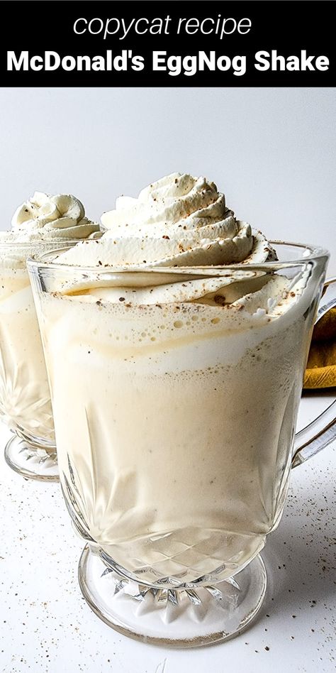 This copycat McDonald’s Eggnog Milkshake is a perfect stand-in for the seasonal treat served for a limited time at McDonald’s. It’s creamy and delicious, full of holiday eggnog flavor with a hint of nutmeg, and it’s the perfect sweet treat to welcome the holiday season. Egg Nog Shake Recipe, Eggnog Shake Recipes, White Russian Eggnog Recipe, Egg Nog Milk Shake, Milk Shakes Recipes, Baileys Eggnog Recipe, Eggnog Frappuccino, Eggnog Milkshake, Recipes With Milk