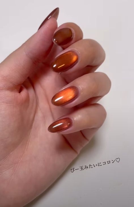 Rust Cat Eye Nails, Orange Magnetic Nails, Orange Winter Nails, Rust Orange Nails Design, Autumn Cat Eye Nails, Fall Velvet Nails, Carnelian Nails, Cat Eye Nails Orange, Amber Nails Design