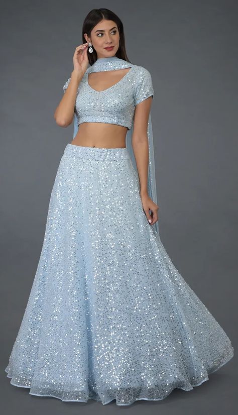 A model dispays a beautiful powder blue sequin embroidered designer lehenga. (Source: Talking Threads)  #lehenga #designerlehenga #powderblue #powderbluelehenga #sequin #sequinlehenga #embroidery #embroideredlehenga #designerclothing #clothingdesigner #womensclothing #fashion #fashionista #fashionblogger #fashionlover #style #styleoftheday #styleinspiration #trendy #lookbook Powder Blue Lehenga, Light Blue Lehenga, Roblox Accessories, Designer Dress For Men, Toddler Designer Clothes, Bridal Lehenga Collection, Blue Lehenga, Lehenga Skirt, Lehenga Collection