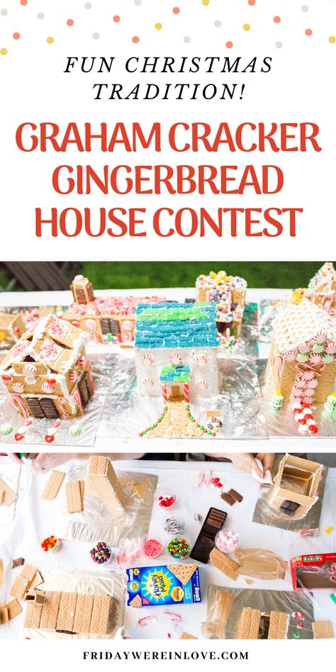 Gingerbread House Games, Group Gingerbread House Making, Family Gingerbread House Contest, Gingerbread House Competition Party, Gingerbread Party Food Ideas, Graham Cracker House Ideas, Gingerbread Contest Ideas, Graham Cracker Gingerbread House Ideas, Gingerbread House Graham Crackers