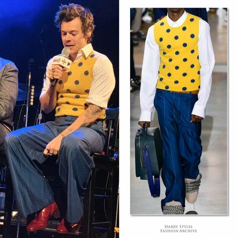 Harry Styles Sweater Vest, Harry Styles Yellow, Harry Styles Sweater, Harry Styles Clothes, Shoot Moodboard, Harry Outfits, Harry Styles Outfit, Navy Trousers, Yellow Vest