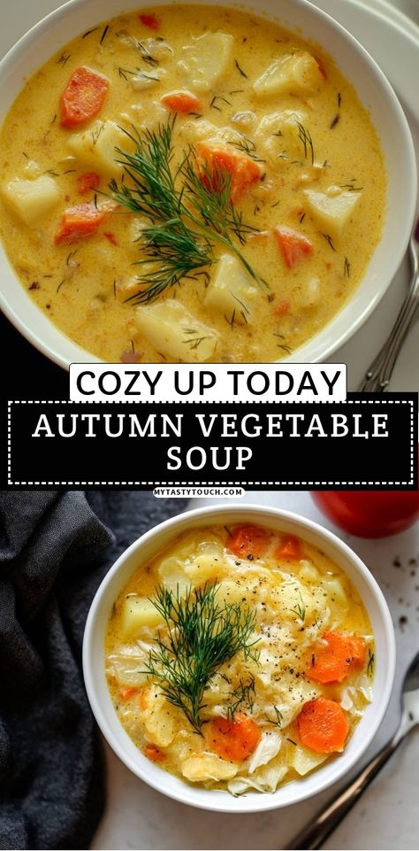 There's nothing quite like a warm bowl of Autumn Vegetable Soup to comfort you on a chilly day! Packed with hearty vegetables and infused with delicious flavors, this recipe is perfect for cozy nights at home. Join me as I whip up this simple yet soul-nourishing dish that will fill your kitchen with wonderful aromas. Don't forget the fresh dill on top for that extra pop of flavor! Autumn Soups Recipes, Whole Food Soup Recipes, Winter Soups Recipes, Roasted Vegetables Soup, Vegetable Chowder Soup, Vegetables Soup Recipes, Fall Vegetable Soup, Vegetable Soup Vegetarian, Autumn Vegetable Soup