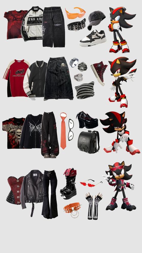 shadow inspired fits #shadow #shadowthehedgehog #shadowsonic Shadow The Hedgehog Inspired Fits, Sonic And Amy Costume, Shadow Makeup Sonic, Shadow Inspired Outfit Sonic, Shadow Outfit Ideas Sonic, Sonic And Shadow Outfits, Shadow Outfit Ideas, Shadow Inspired Outfit, Sonic The Hedgehog Outfit