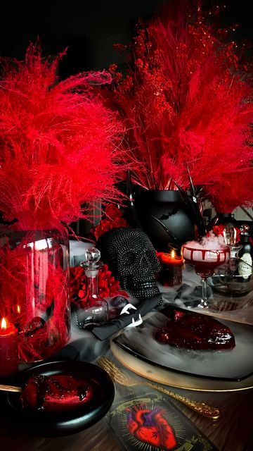 Vampire Party Centerpieces, Devil Halloween Decorations, Vampire Ball Decorations, Saints And Sinners Party Decorations, Vampire Theme Party Decoration, Vampire Ball Party, Vampire Decorations Party Ideas, Vampire Party Food, Vampire Party Aesthetic