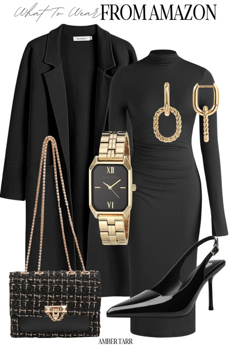 We all need an all black elegant outfit thats affordable!! Boss Lady Outfit Classy Professional, All Black Formal Women, Dressing Rich Outfits, Fancy Restaurant Outfit Winter, Amazon Winter Outfits 2024, Fancy Women Outfits, Winter Classy Outfits Women, All Black Affair Outfits, Grown And Classy Outfit Black Women