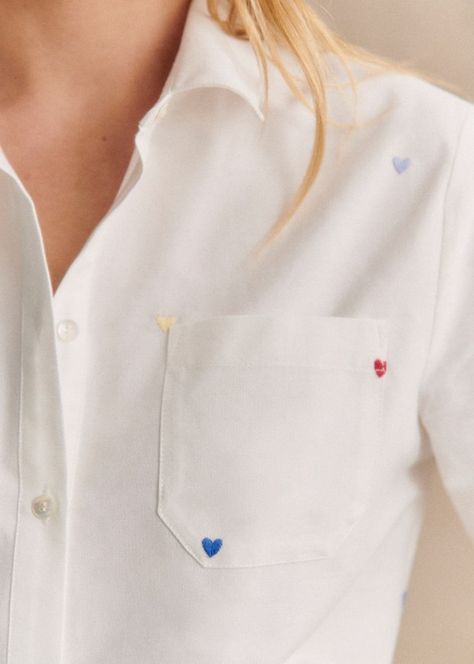 Tomboy Shirt - Embroidered Hearts - Organic cotton - organic textile - Sézane Embroidery White Shirt, Embroidered White Shirt, Tomboy Shirts, Clothes Embroidery, Embroidered Hearts, Clothes Embroidery Diy, Beautiful Casual Dresses, Embroidery Diy, Cotton Textile