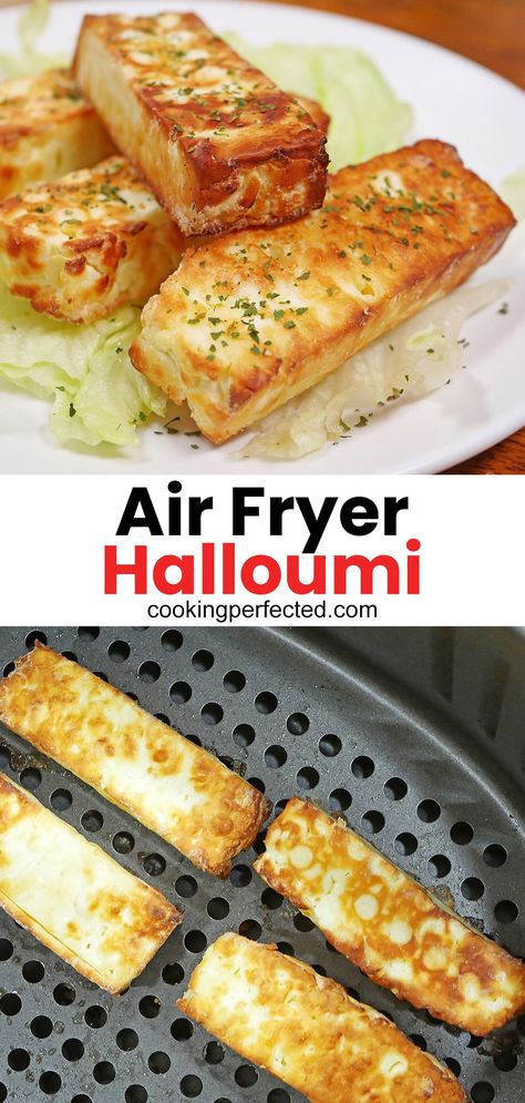 Haloumi Starter Recipes, Air Fried Halloumi Fries, Haloumi Recipes Breakfast, Air Fryer Halloumi Recipes, Quick Air Fryer Recipes Dinner, Halloumi Cheese Air Fryer, Air Fryer Haloumi, Ninja Fryer Recipes, Air Fried Halloumi