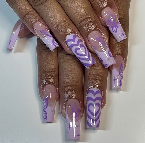 Purple Acrylic Designs, Acrylic Nail Designs Purple, Purple Coffin Nail Ideas, Purple Heart Nails, Bratz Inspired Nails, Purple Nail Inspo Acrylic, Purple Y2k Nails, Purple And Pink Nails, Short Coffin Nails Designs