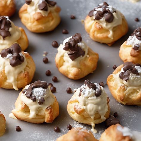 HEAVENLY RICOTTA CANNOLI CREAM PUFFS Cannoli Cream Puffs, Ricotta Cannoli, Cannoli Cookies, Italian Custard, Puff Pastry Cream Puffs, Cannoli Cream, Dessert Treats, Cream Puff Recipe, Stanley Tucci