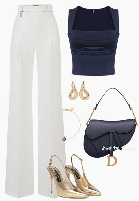 Classy Decent Outfit, Rich Auntie Casual Outfits, What To Wear To Someone’s Graduation, Blue Dior Saddle Bag, White Pants Blue Shirt, Navy And Cream Outfit, Outfit Chart, Women Elegant Outfits, Marine Clothes