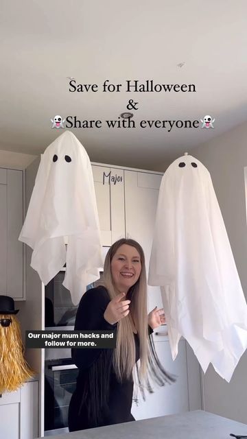 The Range on Instagram: "@majormumhacks spooky but cute DIY Hanging Ghosts 👻 You will need 👇 🎈 White balloons 👉 Fishing wire or craft wire ✨ Tablecloth 👀 Black paper for eyes ✔️ And hooks 💬 Let us know if you try these! #halloween #home #therange" Diy Hanging Ghost Indoor, Ghost Paper Chain, Diy Hanging Ghost Outside, Diy Hanging Ghost, Halloween Ceiling, Ghost Balloons, Spooky But Cute, Floating Ghosts, Halloween Hanging Decorations