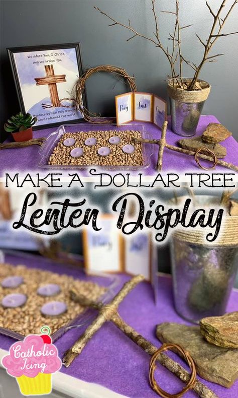 This Lenten home altar can be put together using supplies from the Dollar Tree for just $10! You have to check out how to make your own. So beautiful! #lent #lentathome #lentenaltar #catholiclent #liturgicalliving #seasonoflent #40days #lentforfamilies #lentforkids Catholic Lent Ideas, Lent Bulletin Board Ideas Catholic, Ash Wednesday For Kids, Catholic Easter Crafts, Home Altar Ideas, Lent Decor, Lent 2024, Lent Kids, Lent Decorations For Church