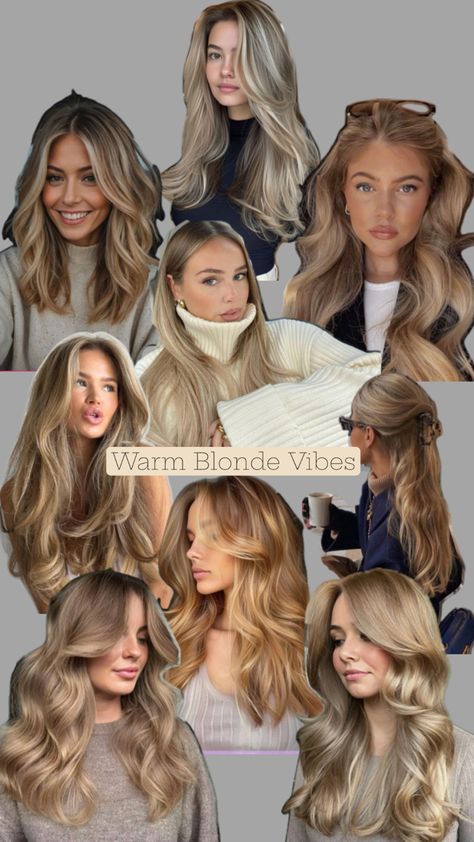 Multiple pictures of women with warm long blonde hair described as “warm blonde vibes” Winter Blonde Balayage, Ombre Hair Brunette, Old Money Blonde, Dishwater Blonde, Hair Styles For Girls, Blonde Bronde, Warm Blonde Highlights, Winter Blonde, Blonde Ombre Balayage