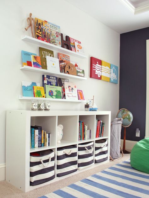 Great storage ideas for a kids room - the @IKEAUSA Expedit Bookcase + @LandofNod striped bins are a match made in heaven! Toddler Boys Room, Playroom Storage, Playroom Organization, Kallax Ikea, Toddler Bedrooms, Big Boy Room, Toy Rooms, Boys Bedrooms, Toddler Room