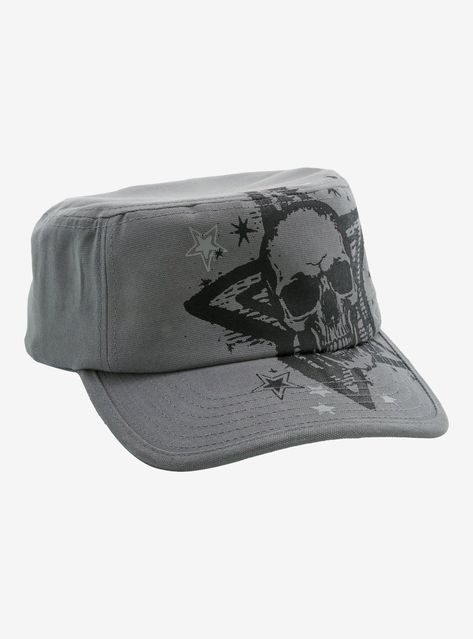 Go for the grunge look with this grey cadet hat! Featuring a skull centered in the middle of a star  with more stars all around.100% cottonImported Grunge Hats, Newspaper Boy Hat, Cc Clothing, Cadet Hat, Cute Eye Makeup, Y2k Emo, Head Wear, Grunge Look, A Skull